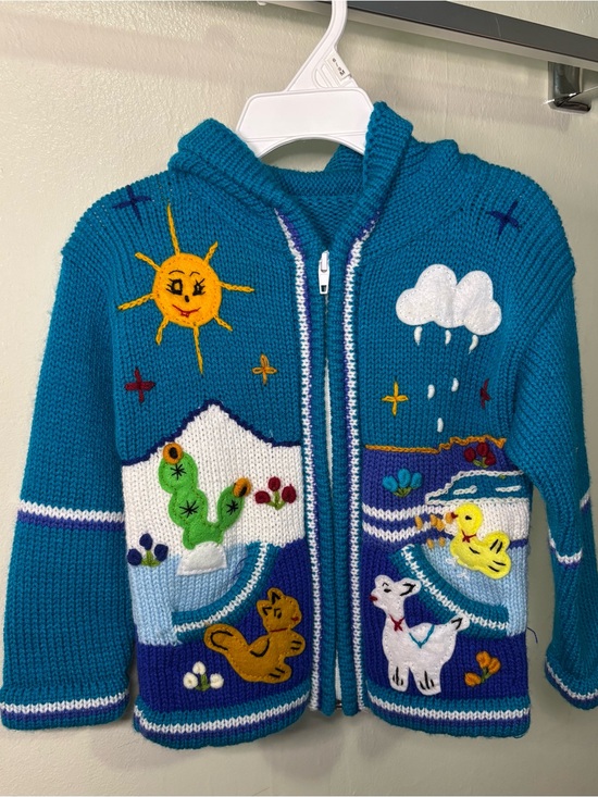 The Unbranded Brand Other - Handmade Peruvian Kids Knit Zip Jacket Arpillera Embroidered 4T Blue Folk Art